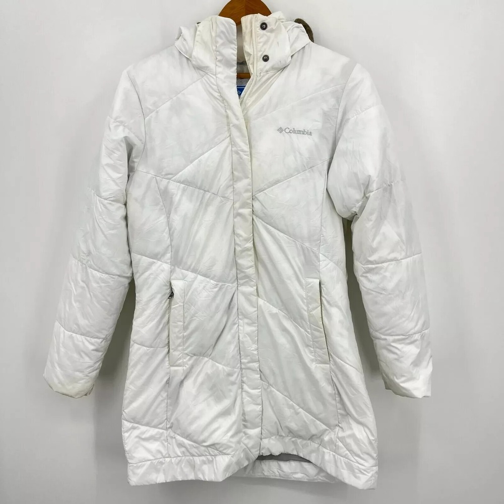 Columbia Womens White Quilted Puffer Jacket Faux Fur Hood Small